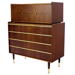 Edmond Spence Walnut High Chest or Dresser with Brass Inlay