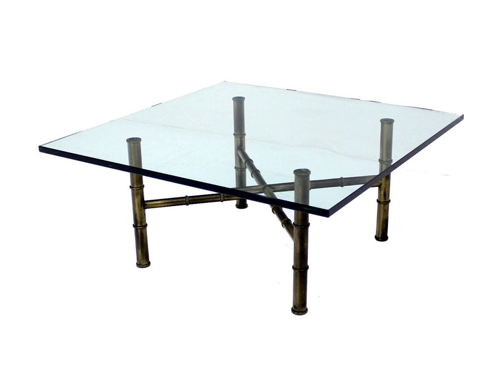 American X Base Brass Faux Bamboo Square  Glass Top Coffee Table