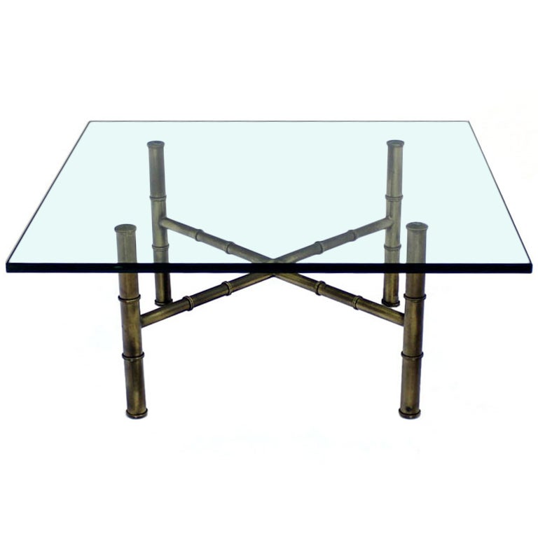 X Base Brass Faux Bamboo Square  Glass Top Coffee Table