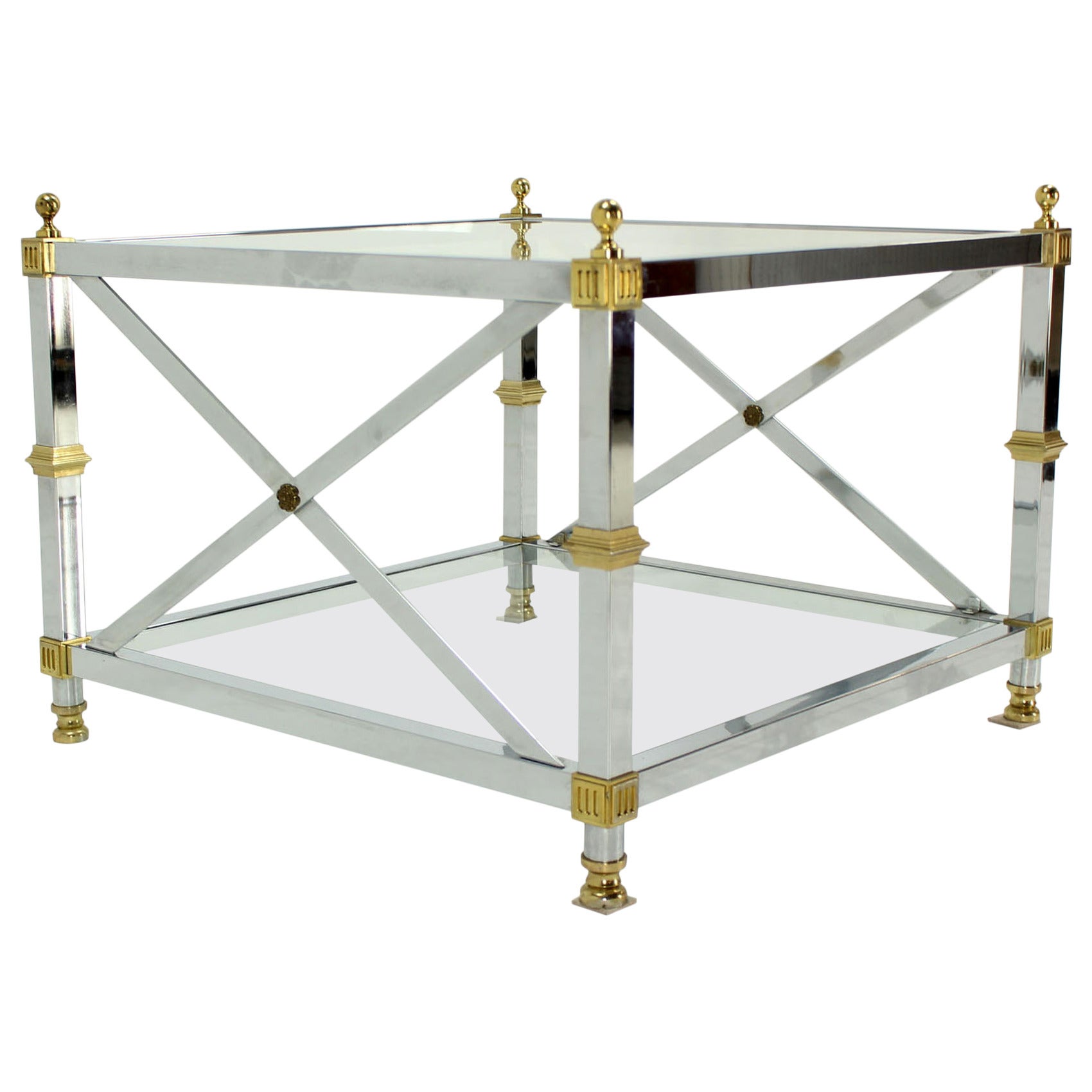 Glass Chrome Brass X Base Square Side Coffee End Table For Sale