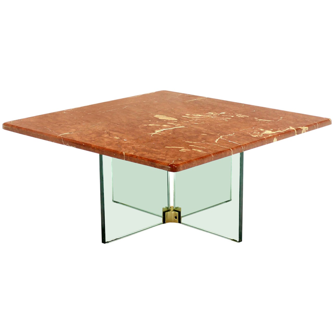 Glass X Cross Base Coffee Table w/ Marble Top For Sale