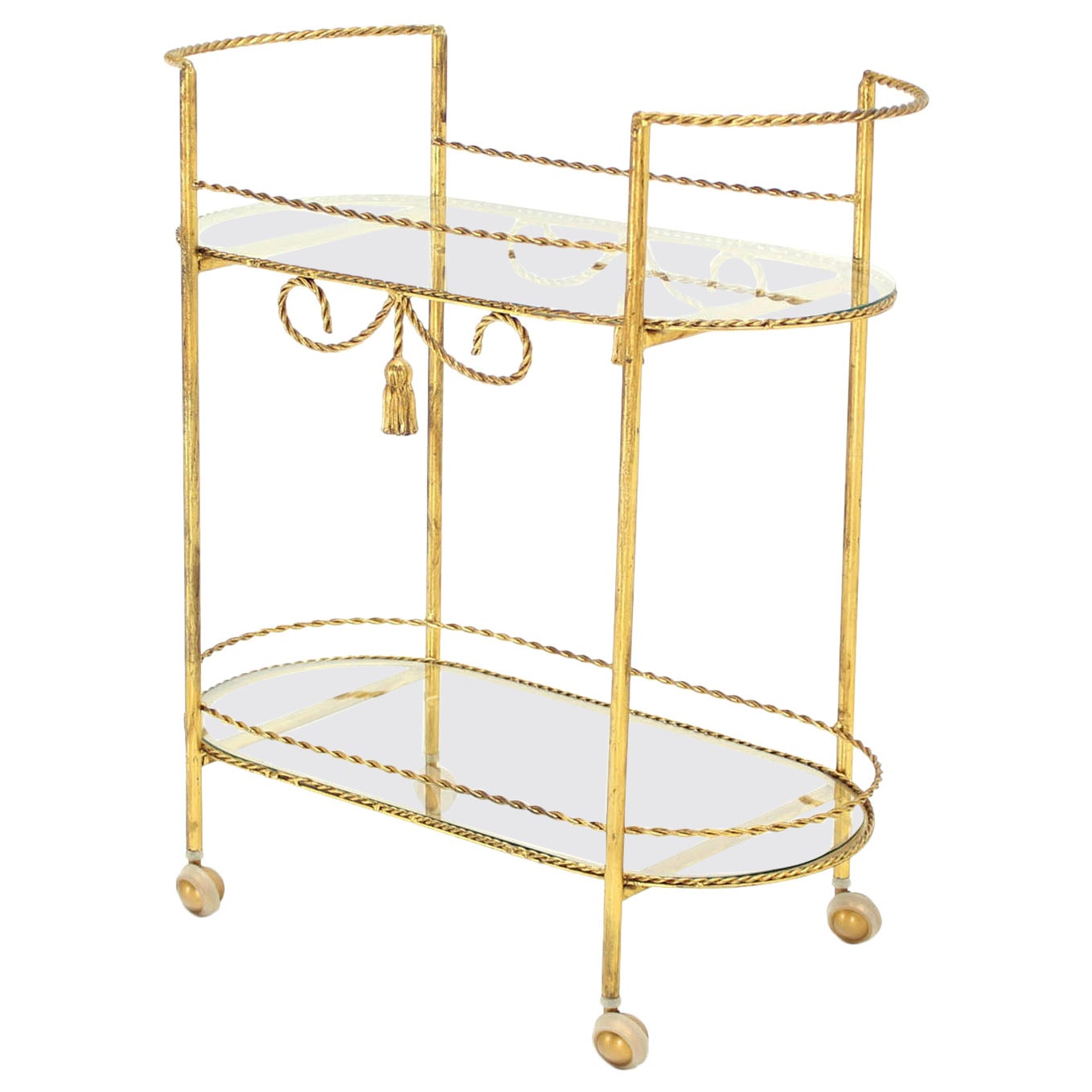 Two Tier Twisted Metal Rope Tassel Design Rolling Tea Cart Server