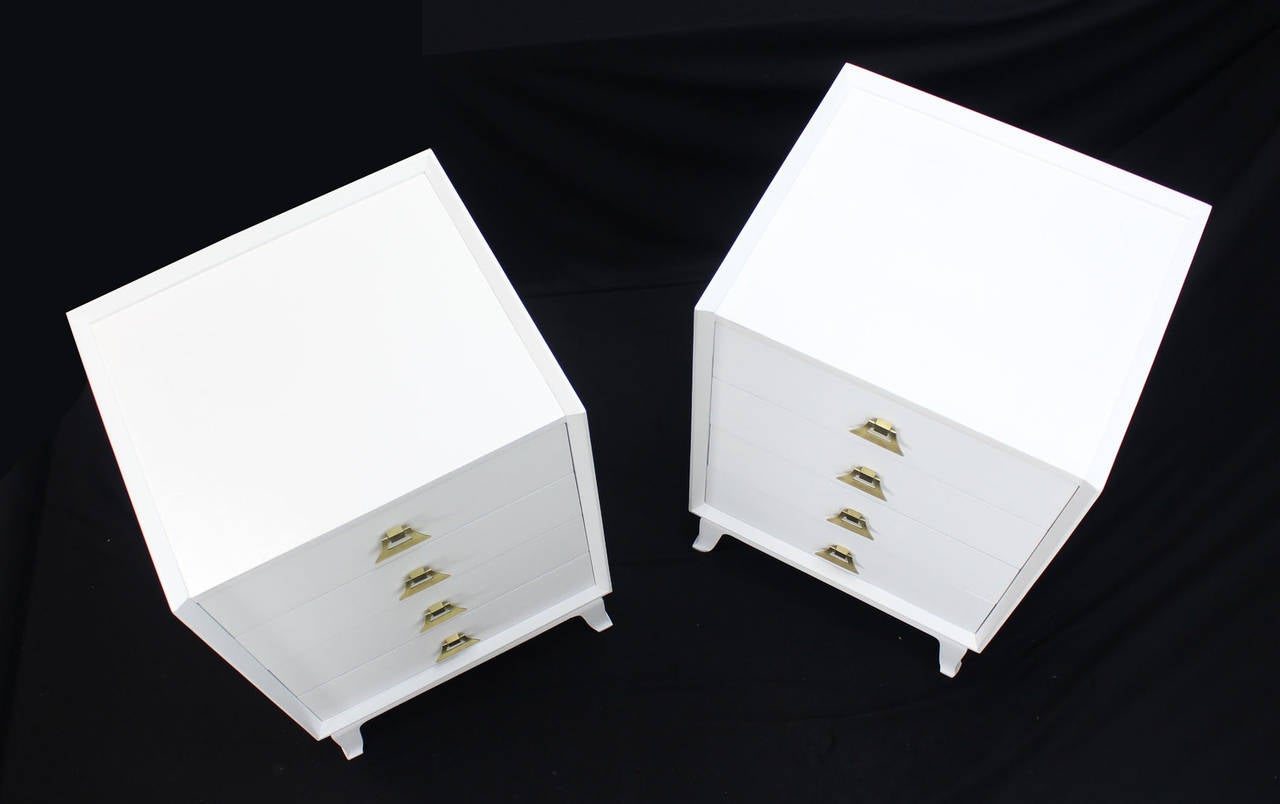 Mid-Century Modern Pair of White Lacquer Brass Pulls High Chest Stands For Sale