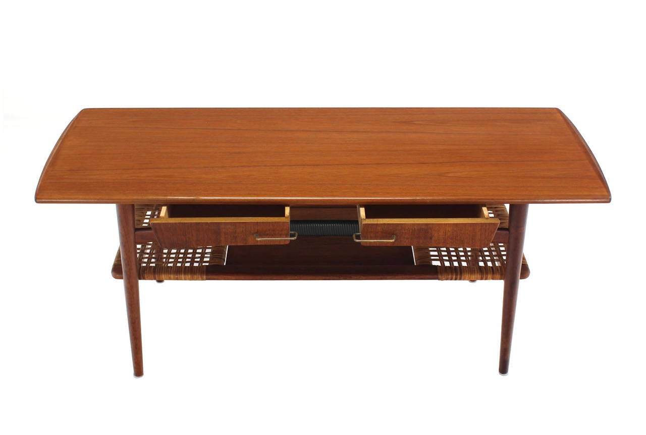 Mid-Century Modern Danish Modern Teak Coffee Table Cane Shelf Rolled Edges 4 Storage Drawers