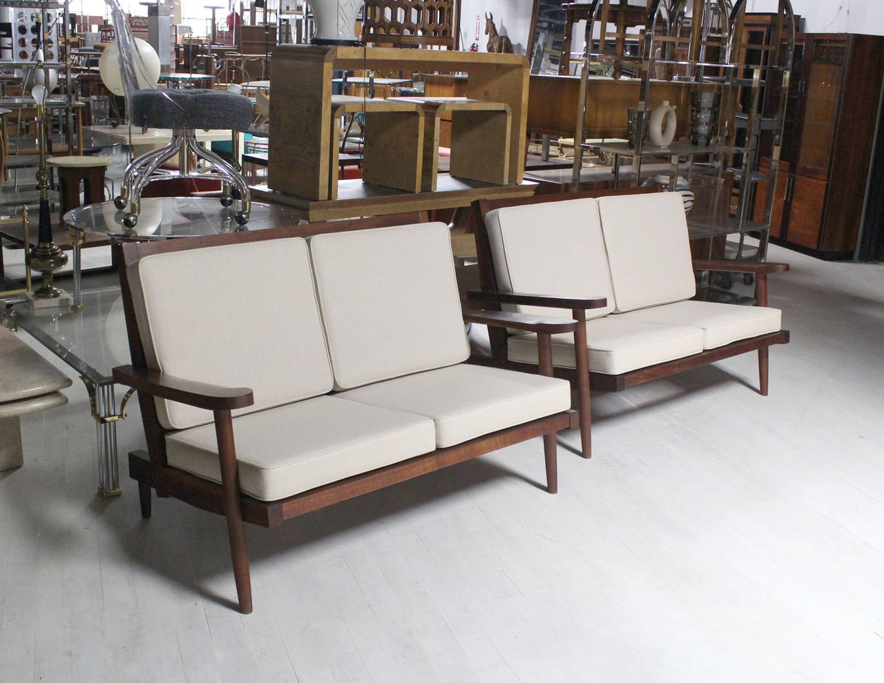 Pair of George Nakashima Style Walnut Settees with Arms New Upholstery 1