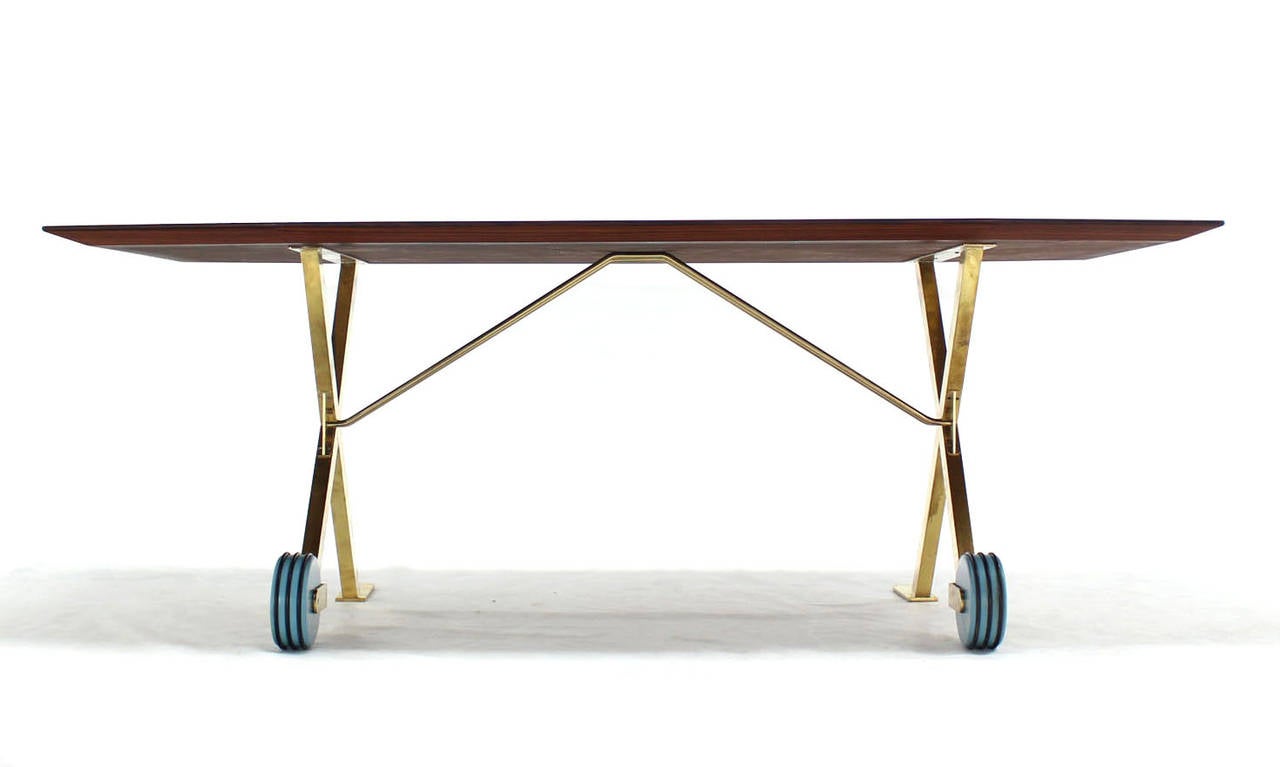 Mid-Century Modern Brass X Base on Wheels Dining Serving Boat Shape Table For Sale