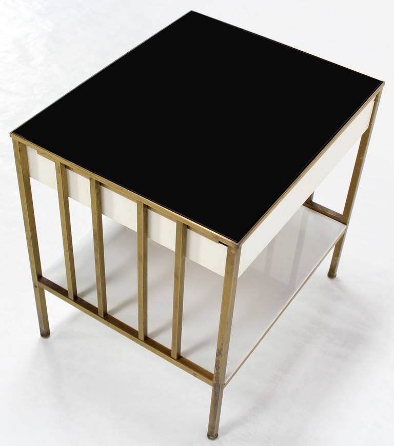 Mid-20th Century Solid Brass Mid Century Modern End Side Table One Drawer Stand Smoked Glass Top