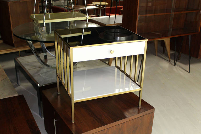 Solid Brass Mid Century Modern End Side Table One Drawer Stand Smoked Glass Top 2