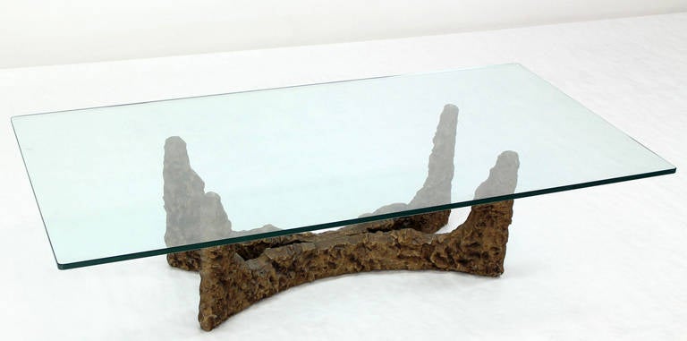 Mid-20th Century Heavy Cast Metal Brutalist Style Base and Glass Top Coffee Table