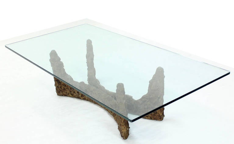 Heavy Cast Metal Brutalist Style Base and Glass Top Coffee Table 1