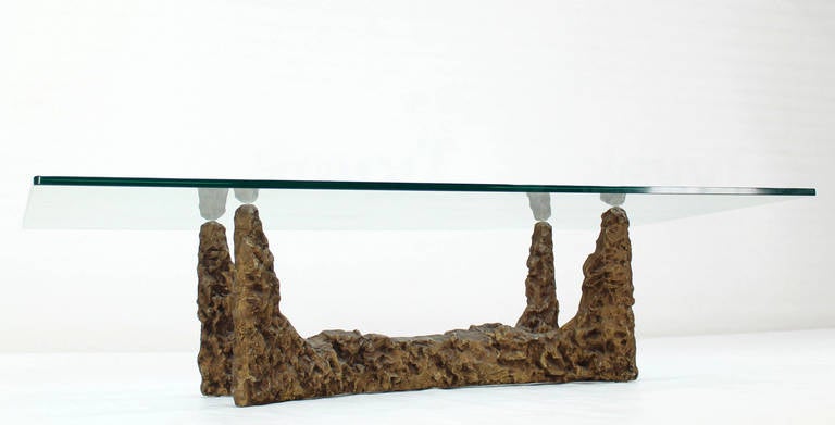 Heavy Cast Metal Brutalist Style Base and Glass Top Coffee Table 2