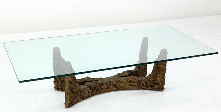 Heavy Cast Metal Brutalist Style Base and Glass Top Coffee Table In Excellent Condition In Rockaway, NJ