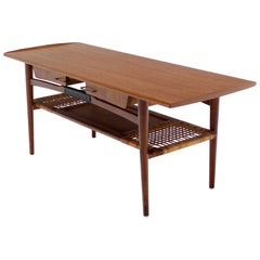 Danish Modern Teak Coffee Table Cane Shelf Rolled Edges 4 Storage Drawers