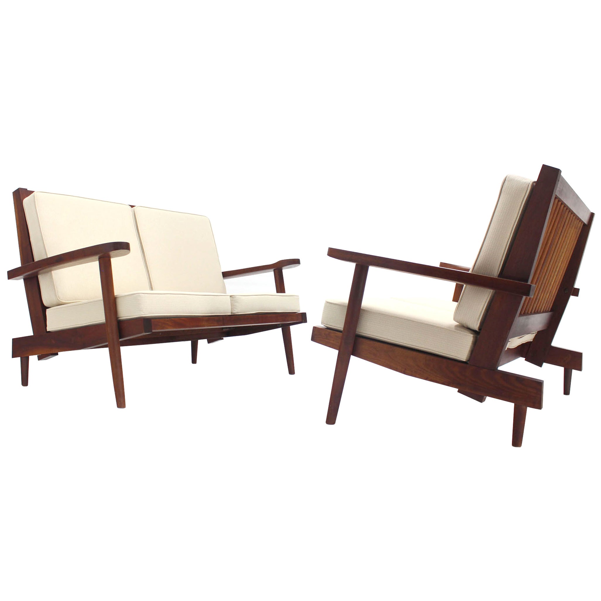 Pair of George Nakashima Style Walnut Settees with Arms New Upholstery