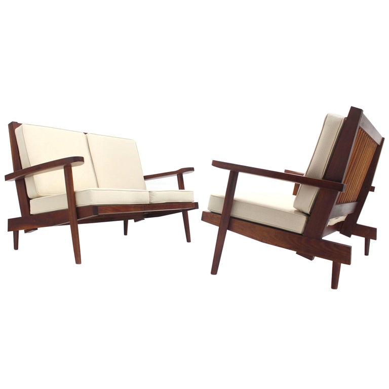 Pair of George Nakashima Style Walnut Settees with Arms New Upholstery