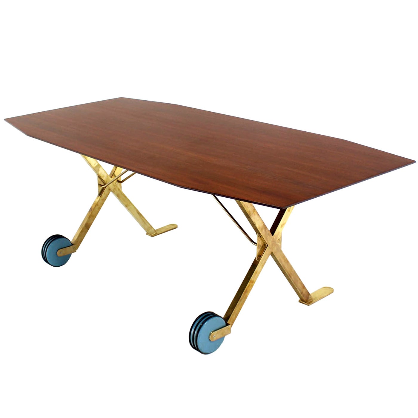Brass X Base on Wheels Dining Serving Boat Shape Table For Sale
