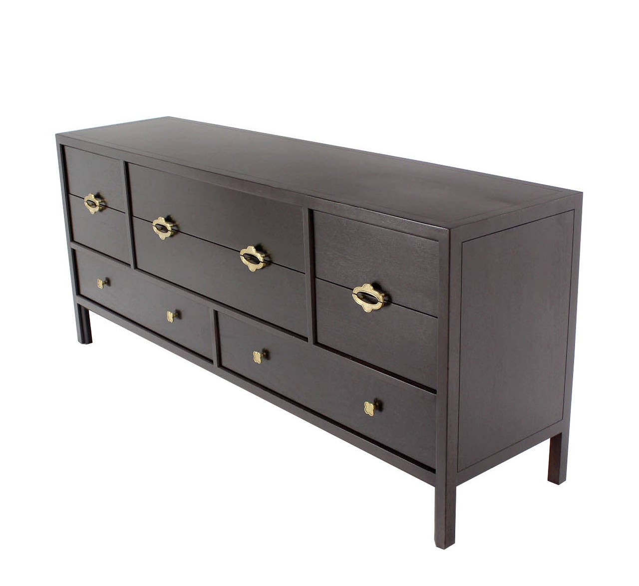 Mid-Century Modern Ebonized Multi Drawer Mid Century Modern Long Dresser w/ Brass Pulls.