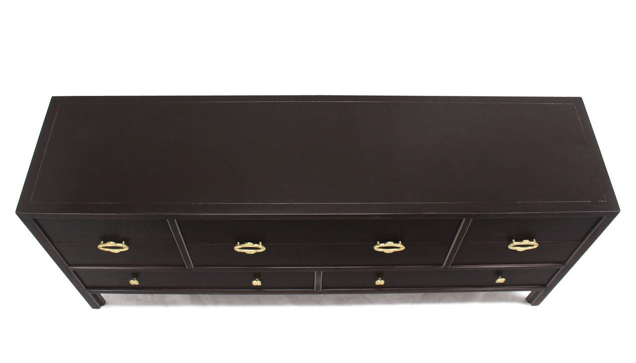 American Ebonized Multi Drawer Mid Century Modern Long Dresser w/ Brass Pulls.