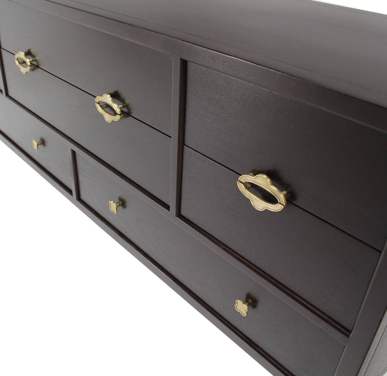 20th Century Ebonized Multi Drawer Mid Century Modern Long Dresser w/ Brass Pulls.