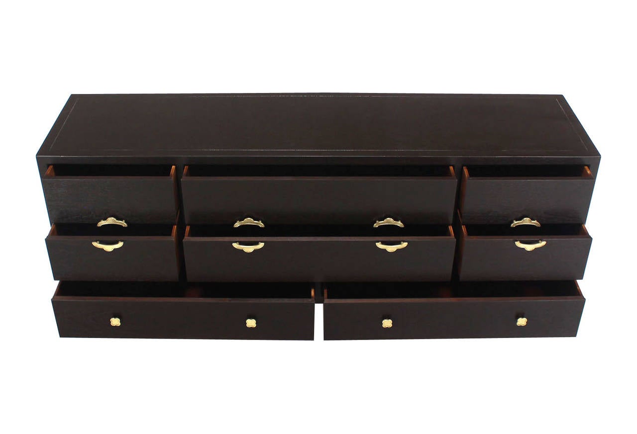 Ebonized Multi Drawer Mid Century Modern Long Dresser w/ Brass Pulls. 1