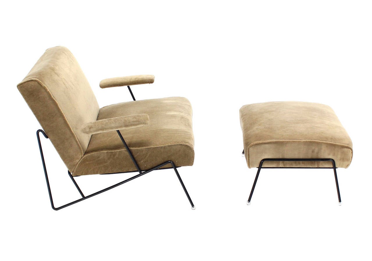 Mid-Century Modern Wire Frame Lounge Chair and Ottoman in Style of Jean Royere