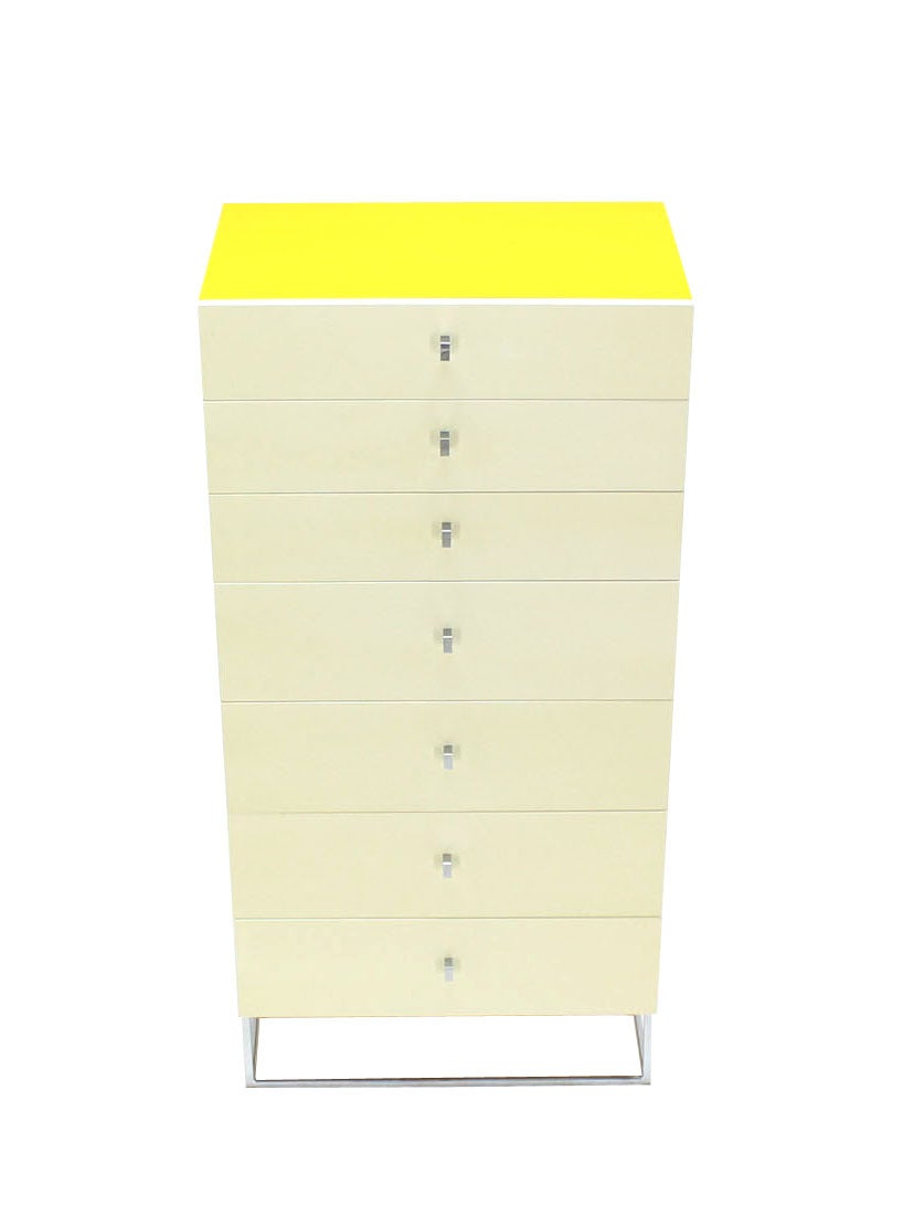 Lacquered Seven Drawer Tall Yellow and White Lacquer Floating Lingerie Chest