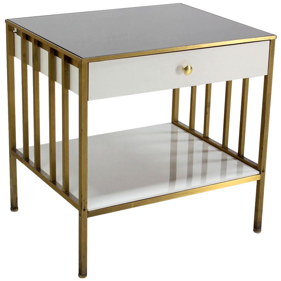 Solid Brass Mid Century Modern End Side Table One Drawer Stand Smoked Glass Top