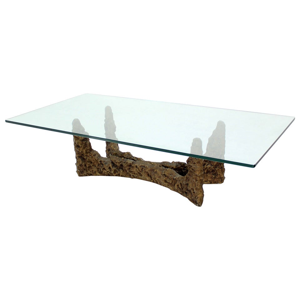Heavy Cast Metal Brutalist Style Base and Glass Top Coffee Table