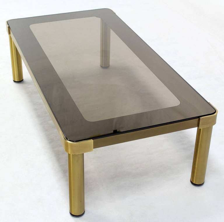 Mid Century Modern Brass and Two-Tone Glass Rectangular Coffee Table  In Good Condition In Rockaway, NJ