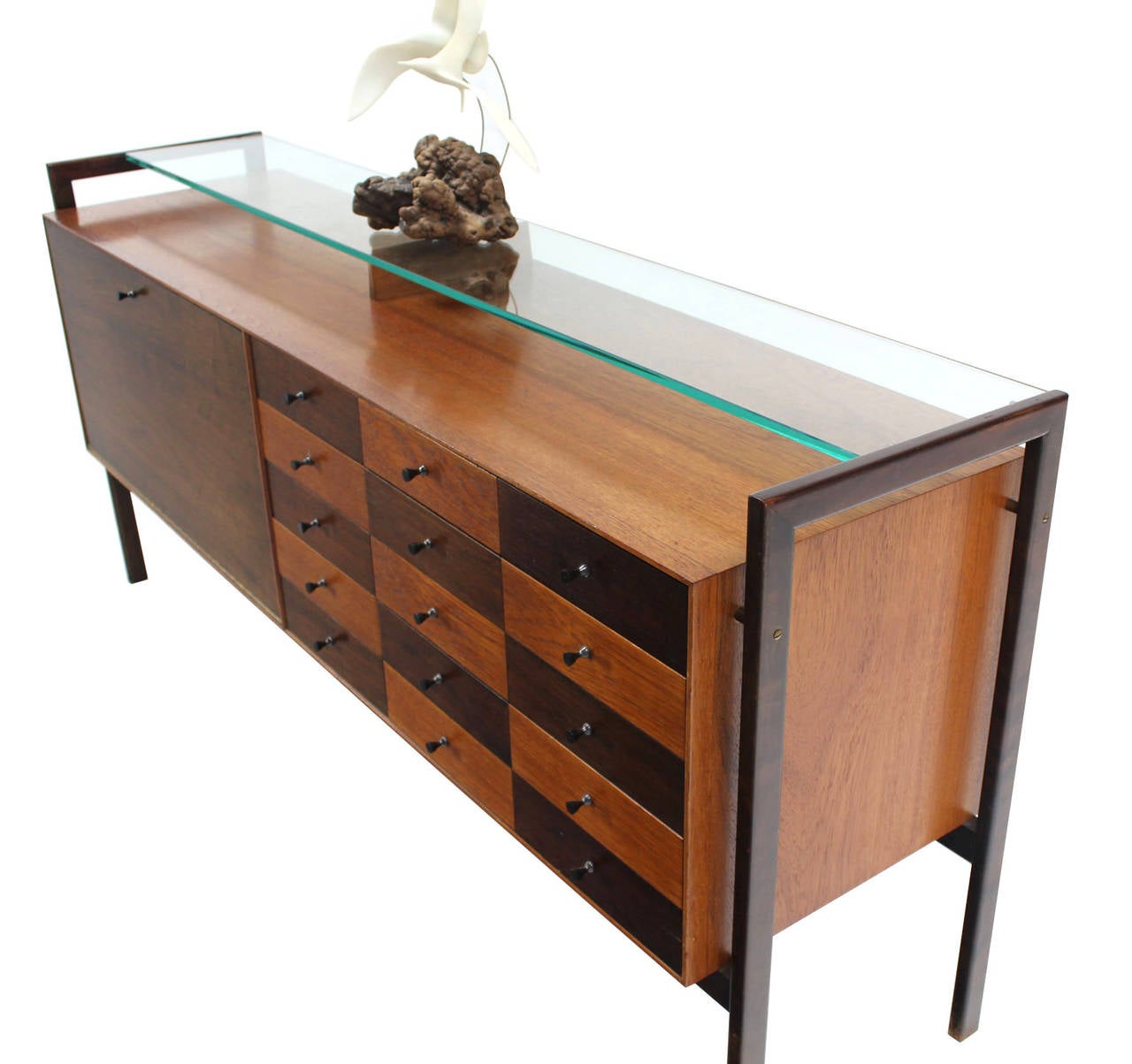 Lacquered Liquor Drop Front Bar Compartment Glass Shelf Top Long Dresser Credeza Checker For Sale