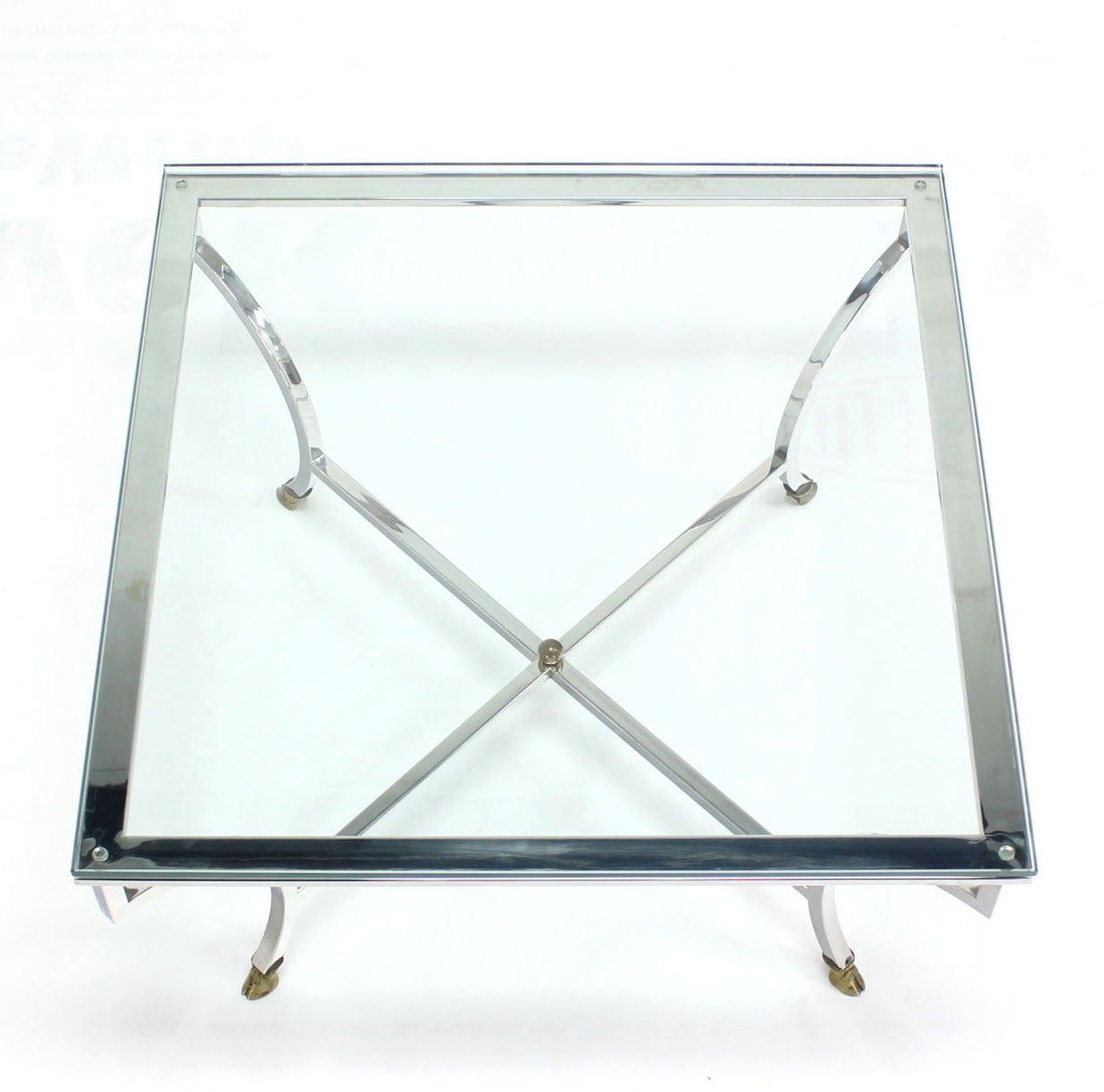 Polished Square Crome Brass Hoof Feet X Base Glass Top Coffee Table For Sale