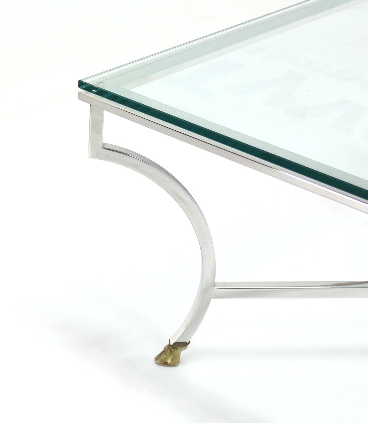 Square Crome Brass Hoof Feet X Base Glass Top Coffee Table In Excellent Condition For Sale In Rockaway, NJ