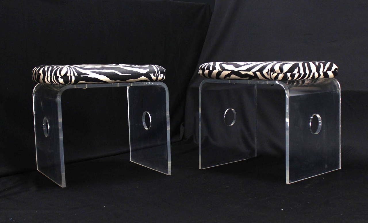 20th Century Pair of Bent Lucite Benches w/ Zebra Upholstery Cushions