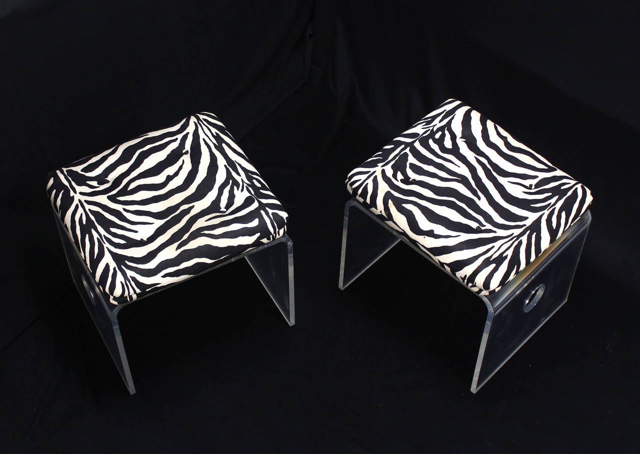 American Pair of Bent Lucite Benches w/ Zebra Upholstery Cushions