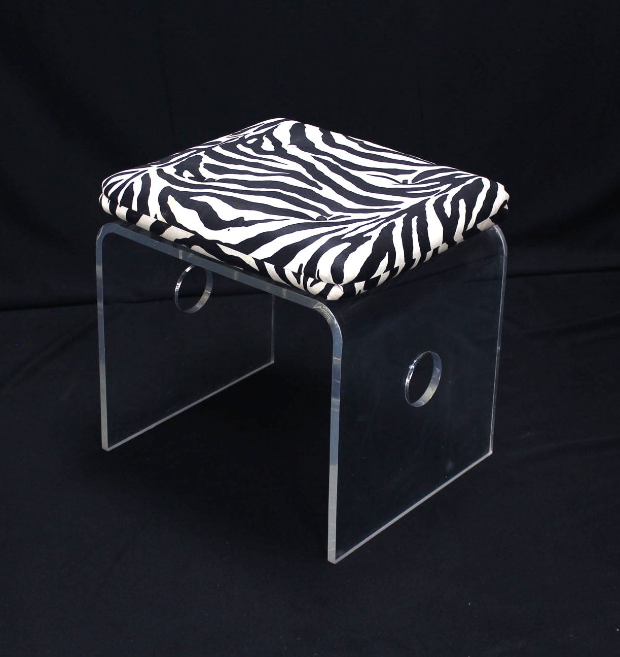 Molded Pair of Bent Lucite Benches w/ Zebra Upholstery Cushions