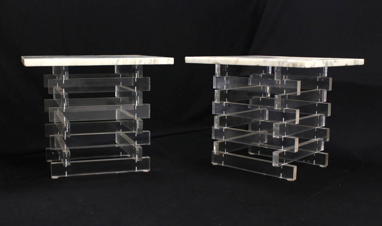 Pair Stacked Lucite Base and Marble Top Square Side Mid Century Modern End Table In Excellent Condition In Rockaway, NJ