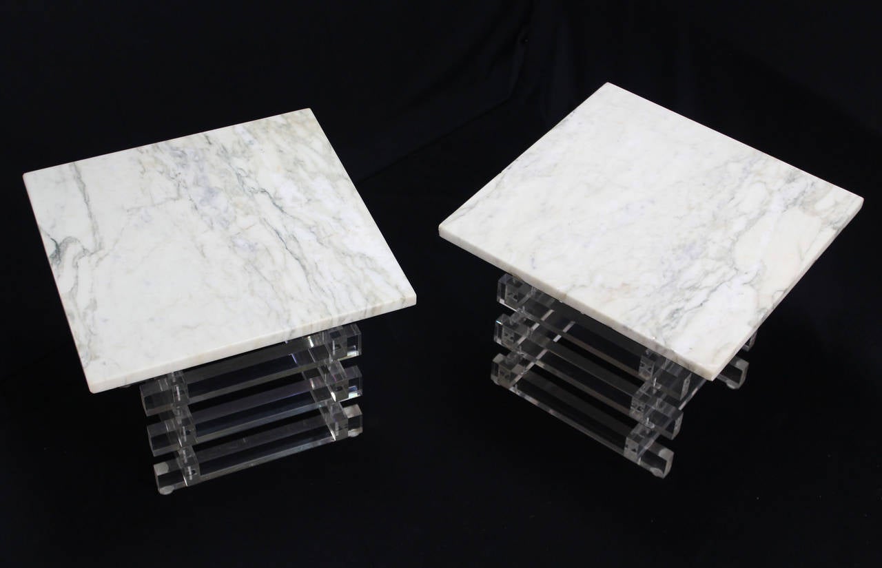 American Pair Stacked Lucite Base and Marble Top Square Side Mid Century Modern End Table