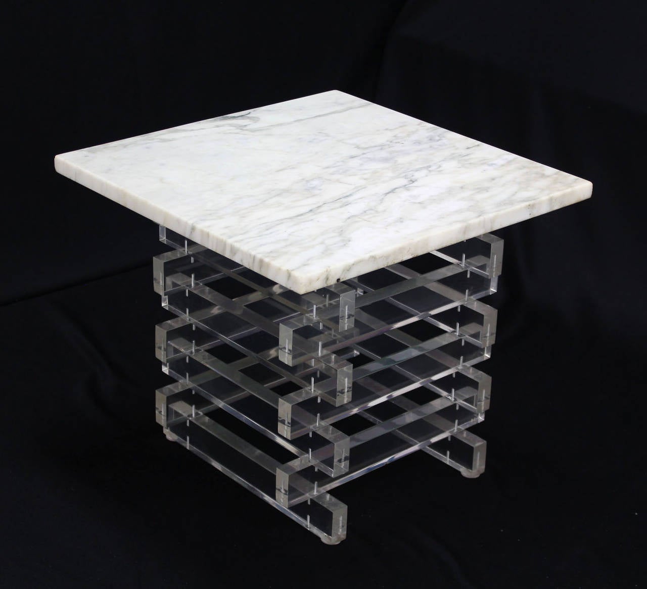 Polished Pair Stacked Lucite Base and Marble Top Square Side Mid Century Modern End Table