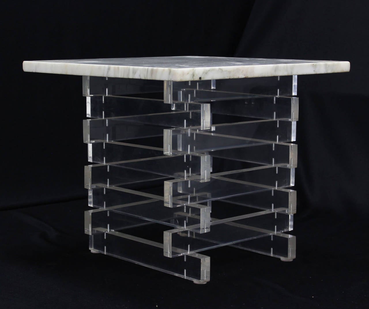 Mid-Century Modern Pair Stacked Lucite Base and Marble Top Square Side Mid Century Modern End Table