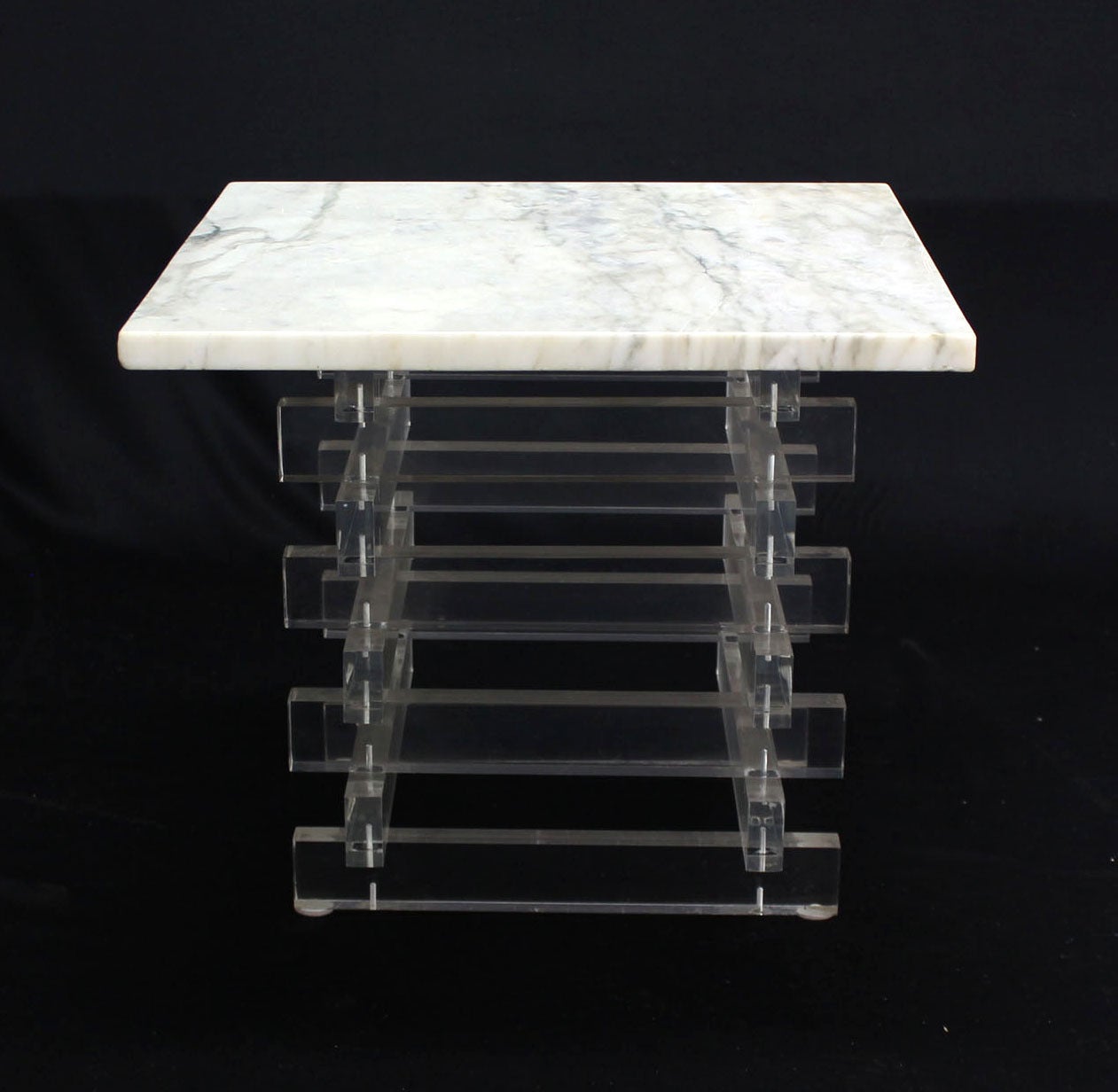 Pair Stacked Lucite Base and Marble Top Square Side Mid Century Modern End Table 1