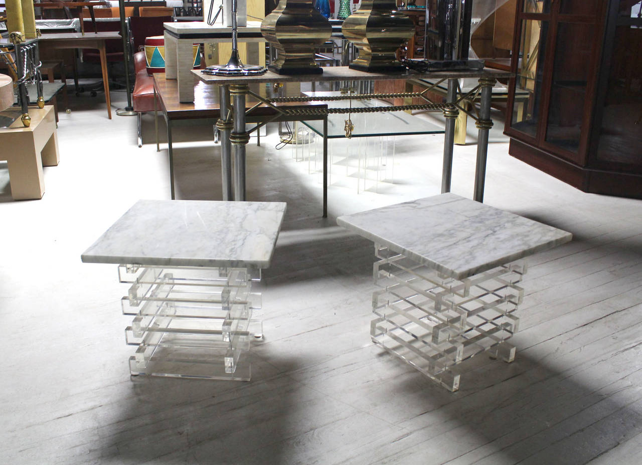 Nice pair of square marble top lucite bases end or side tables pedestals.