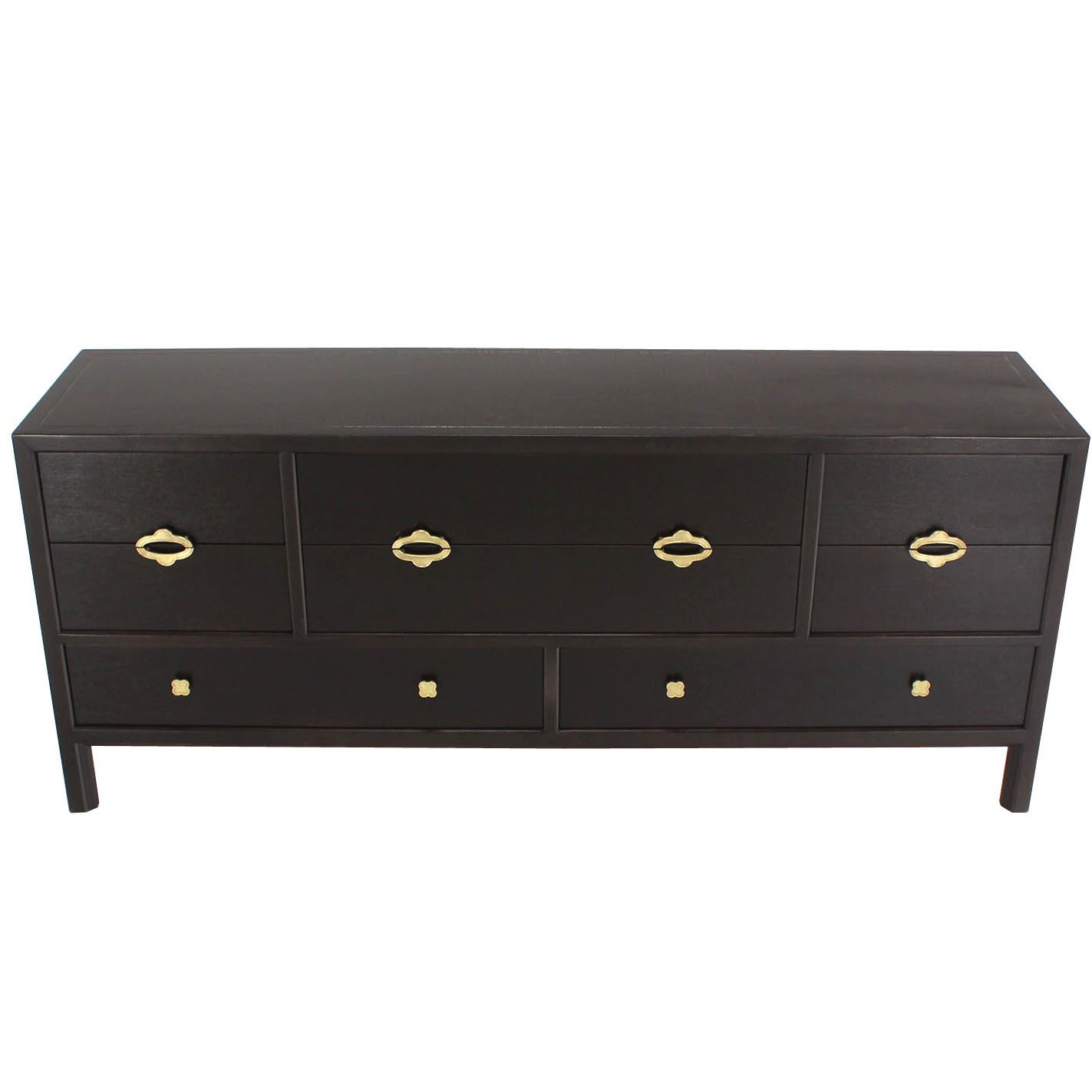 Ebonized Multi Drawer Mid Century Modern Long Dresser w/ Brass Pulls.