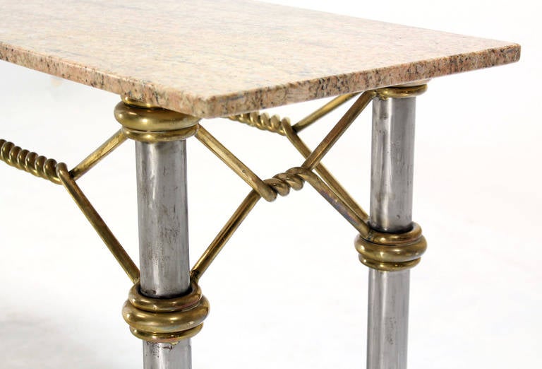 Very nice mid century modern solid brass rope pattern  stretcher marble top console table.