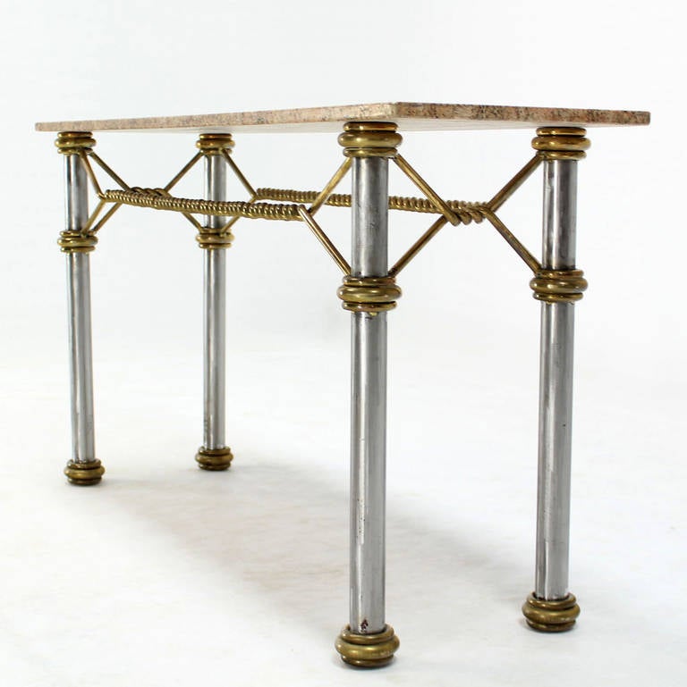 20th Century Mid Century Modern Solid Brass Rope  Marble Top Console Table