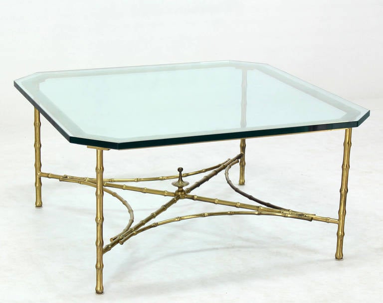 Cast Faux Bamboo and Brass Mid-Century Modern Thick Glass-Top Coffee Table