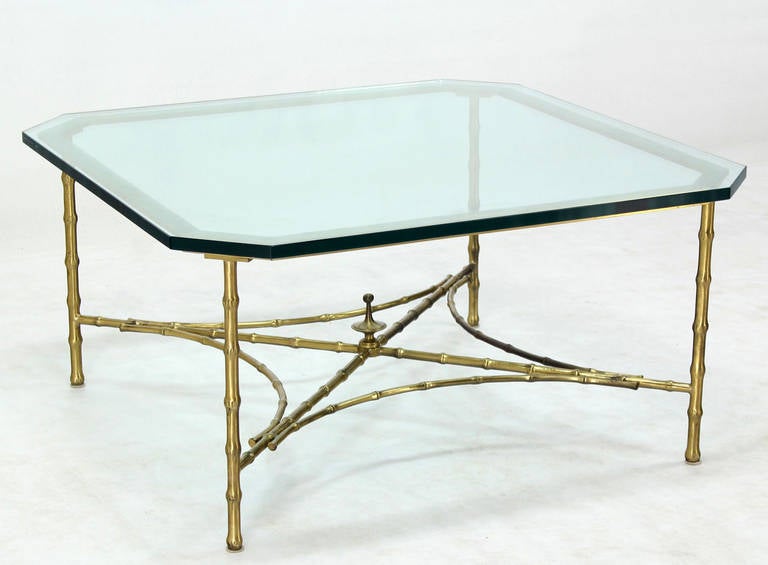 Faux Bamboo and Brass Mid-Century Modern Thick Glass-Top Coffee Table In Excellent Condition In Rockaway, NJ