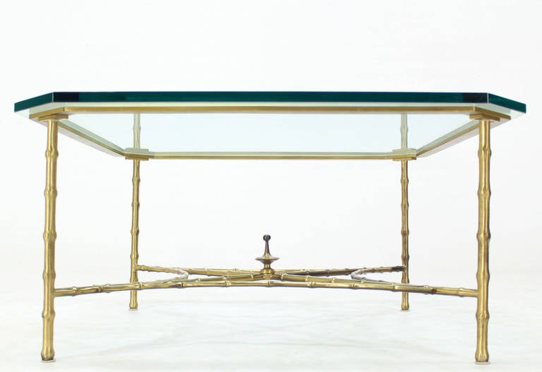 Faux Bamboo and Brass Mid-Century Modern Thick Glass-Top Coffee Table 1
