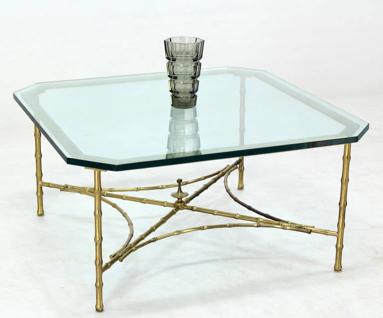 American Faux Bamboo and Brass Mid-Century Modern Thick Glass-Top Coffee Table