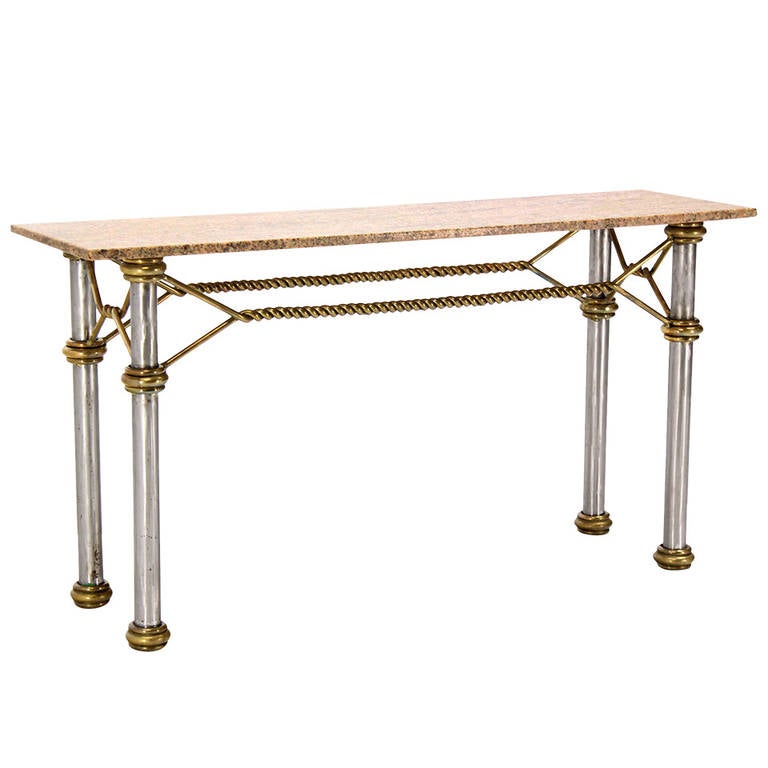 Mid Century Modern Solid Brass Rope Marble Top Console Table For Sale