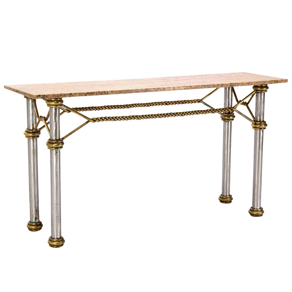 Mid Century Modern Solid Brass Rope  Marble Top Console Table